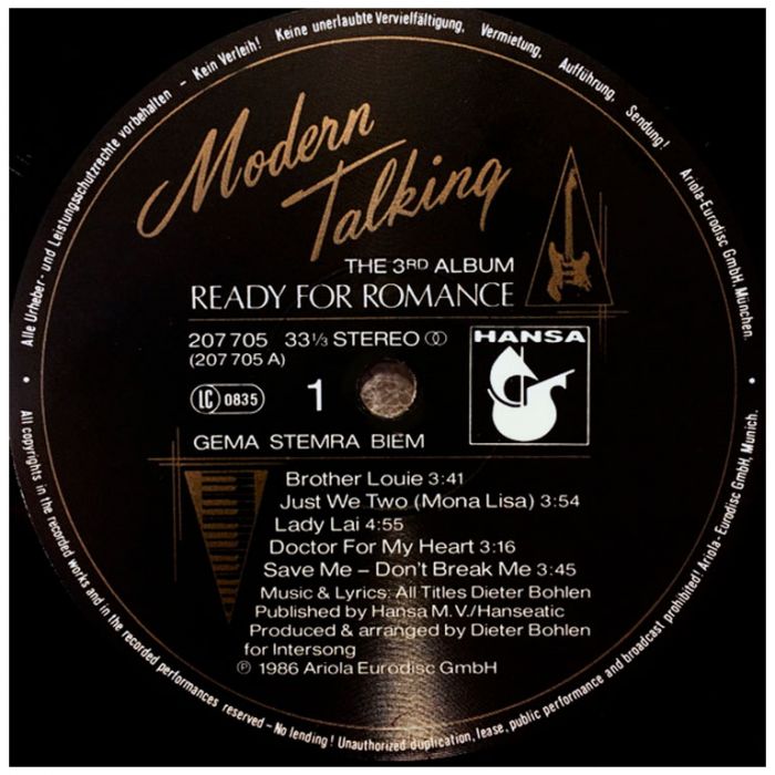 Виниловая пластинка MODERN TALKING ‎– Ready For Romance - The 3rd Album, 1986 (LP)
