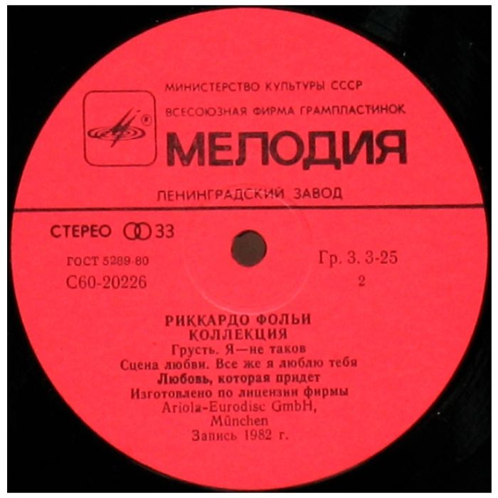 Виниловая пластинка RICCARDO FOGLI ‎– Риккардо Фольи – Коллекция – Collezione, 1982 (LP, Repress 1986)