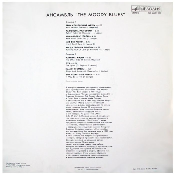 Виниловая пластинка THE MOODY BLUES ‎– The Other Side Of Life, 1987 (LP)